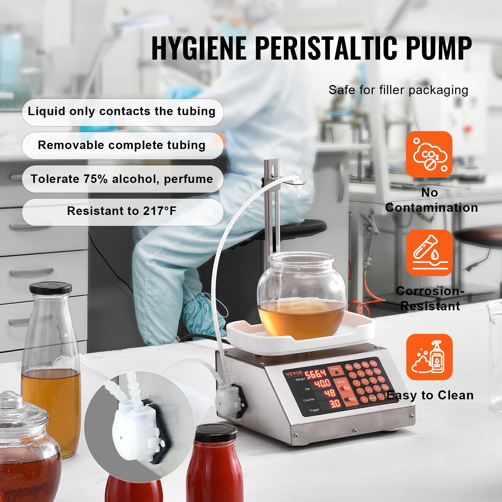 VEVOR Liquid Filling Machine, 5-50 g Weighing Capacity, Automatic Bottle Filler Machine, Bottling Machine Peristaltic Pump Digital Control for Milk, Water, Wine, Beverage, Soy Sauce (Single Nozzle)