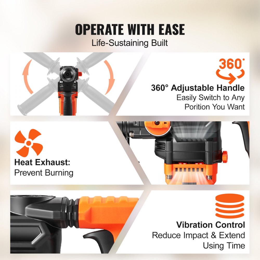 VEVOR Rotary Hammer Drill Cordless Drills 1" 3 Modes SDS-Plus Chipping Hammers