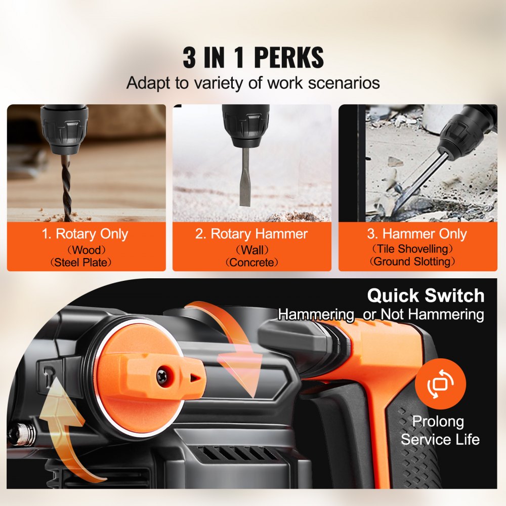 VEVOR Rotary Hammer Drill Cordless Drills 1" 3 Modes SDS-Plus Chipping Hammers