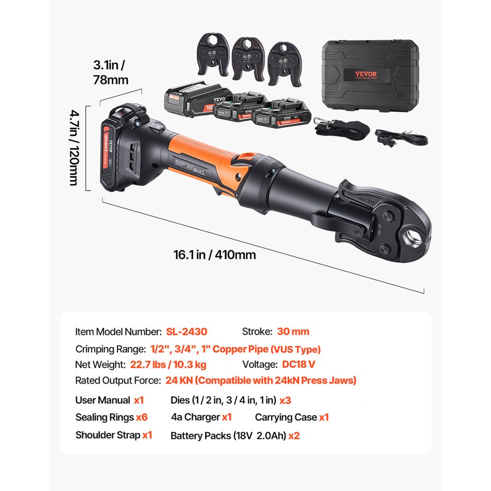 VEVOR Press Tool, 18V Electric Pipe Crimping Tool for 1/2", 3/4", 1" Copper Pipes, 24KN Press Tool Kit Compatible with ProPress - with 3 Press Jaws, 2pcs 18V 2AH Battery, Fast Charger & Carrying Case