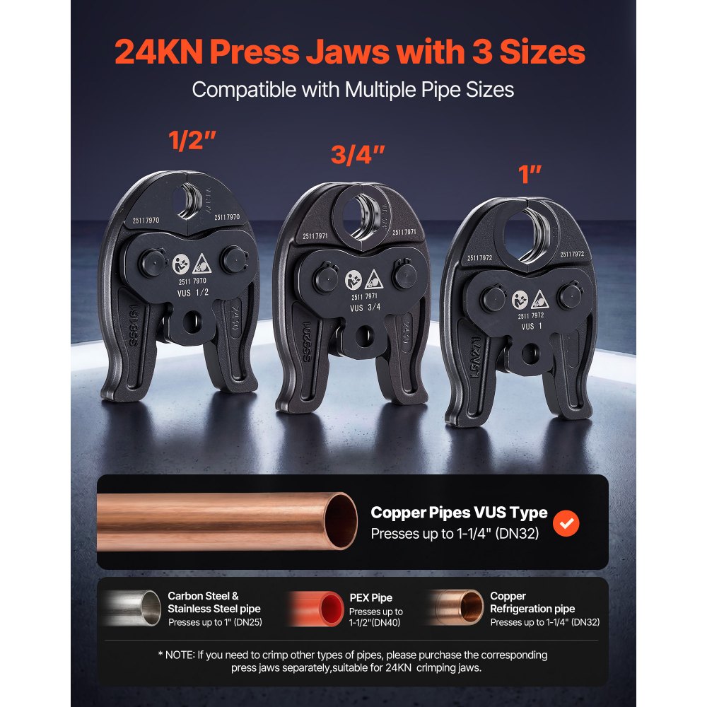 VEVOR Press Tool, 18V Electric Pipe Crimping Tool for 1/2", 3/4", 1" Copper Pipes, 24KN Press Tool Kit Compatible with ProPress - with 3 Press Jaws, 2pcs 18V 2AH Battery, Fast Charger & Carrying Case