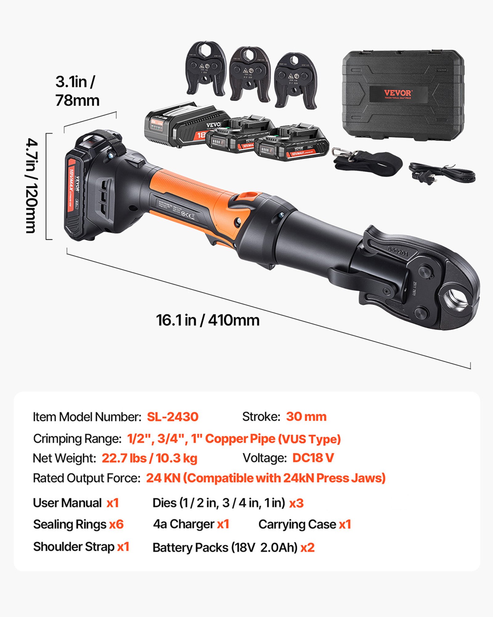 VEVOR Press Tool, 18V Electric Pipe Crimping Tool for 1/2", 3/4", 1" Copper Pipes, 24KN Press Tool Kit Compatible with ProPress - with 3 Press Jaws, 2pcs 18V 2AH Battery, Fast Charger & Carrying Case