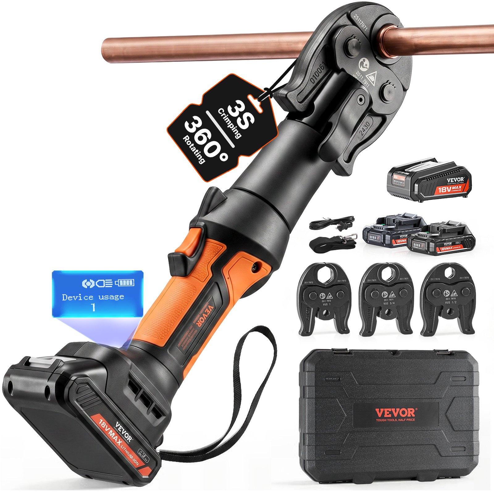 VEVOR Press Tool, 18V Electric Pipe Crimping Tool for 1/2", 3/4", 1" Copper Pipes, 24KN Press Tool Kit Compatible with ProPress - with 3 Press Jaws, 2pcs 18V 2AH Battery, Fast Charger & Carrying Case