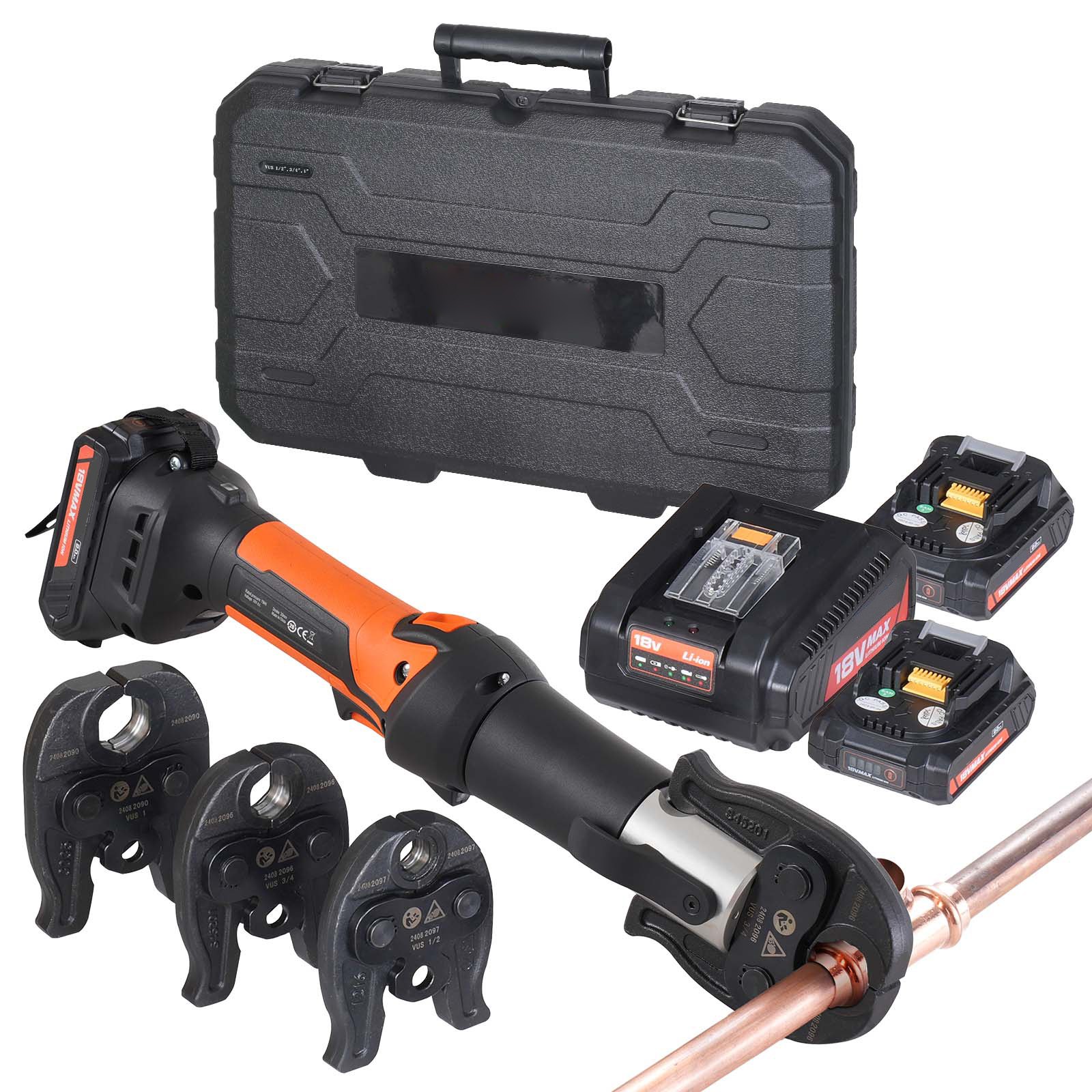 VEVOR Press Tool, 18V Electric Pipe Crimping Tool for 1/2", 3/4", 1" Copper Pipes, 24KN Press Tool Kit Compatible with ProPress - with 3 Press Jaws, 2pcs 18V 2AH Battery, Fast Charger & Carrying Case