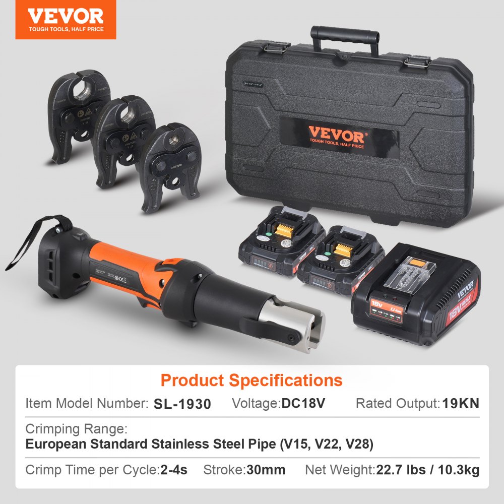 VEVOR Press Tool and Battery Kit, Press Tool, Electric Pipe Crimping Tool with V15, V22, V28 Jaws, Press Tool Kit with 2pcs 18V 2.0Ah Battery, Fast Charger, and Carrying Case