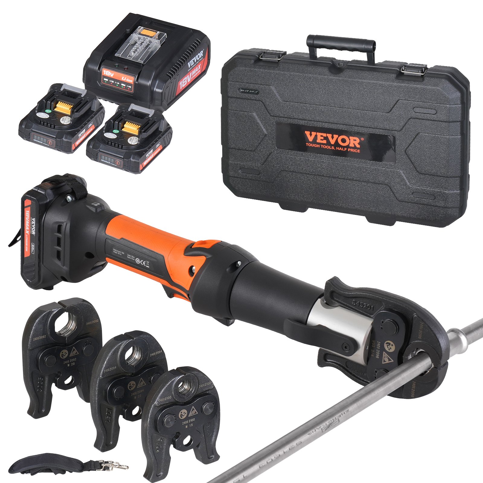 VEVOR Press Tool and Battery Kit, Press Tool, Electric Pipe Crimping Tool with V15, V22, V28 Jaws, Press Tool Kit with 2pcs 18V 2.0Ah Battery, Fast Charger, and Carrying Case