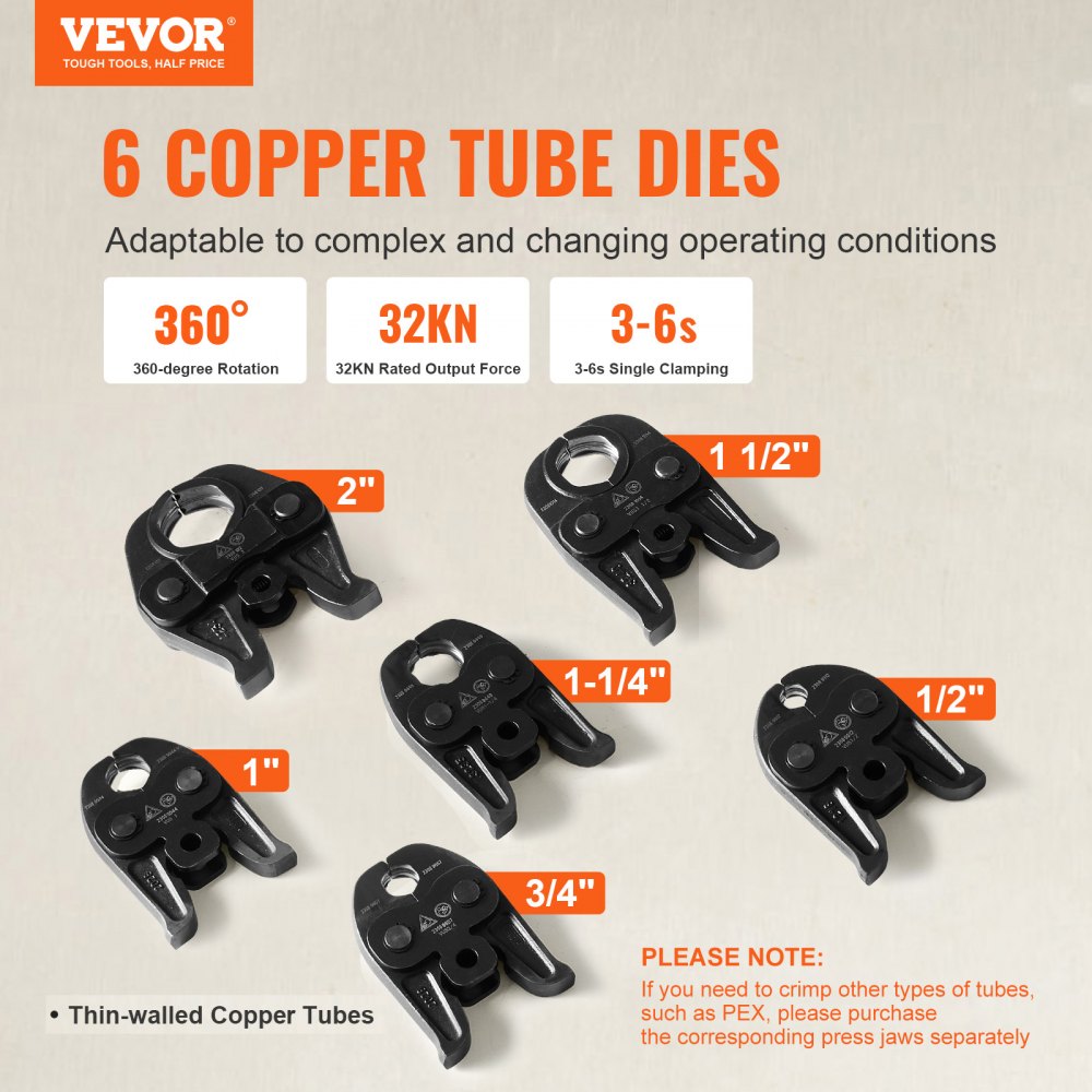VEVOR Professional 18V Cordless Pipe Crimper, suitable for 1/2"-2" Stainless Steel, Copper, PEX Tubing, features 360° Swivel, Brushless Motor & includes 6 Crimping Jaws
