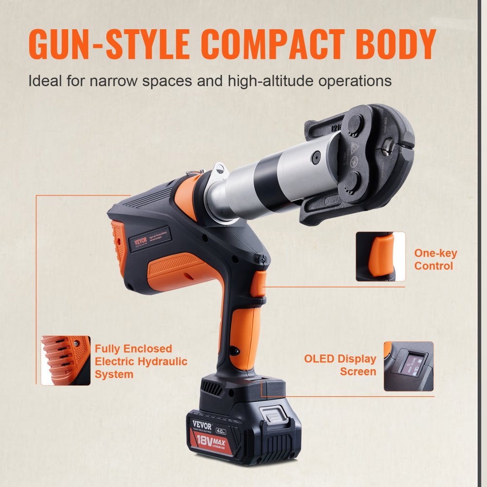 VEVOR Professional 18V Cordless Pipe Crimper, suitable for 1/2"-2" Stainless Steel, Copper, PEX Tubing, features 360° Swivel, Brushless Motor & includes 6 Crimping Jaws