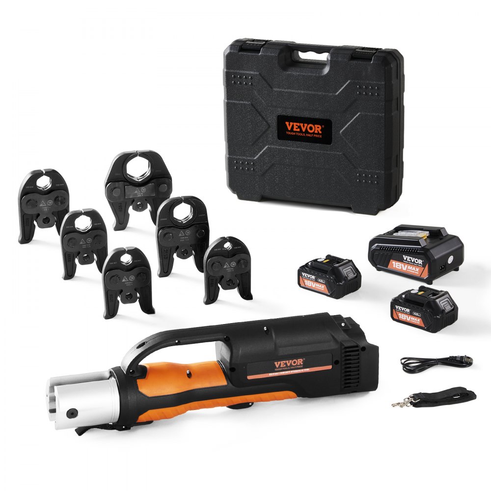 VEVOR pro press tool kit with various attachment heads, batteries, and carrying case.