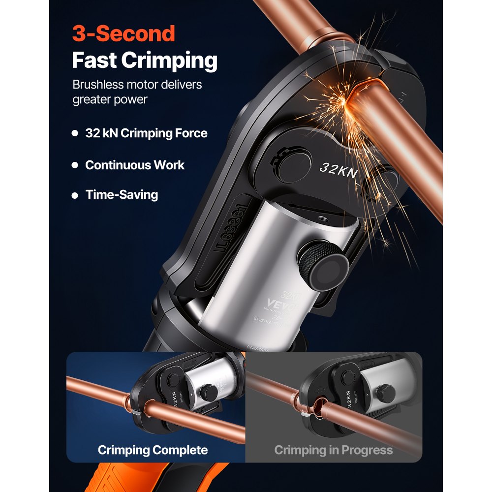 VEVOR Press Tool, 18V Electric Pipe Crimping Tool for 1/2”, 3/4”, 1”, 1 1/4", 1 1/2", 2" Copper Pipes, 32KN Press Tool Kit Compatible with ProPress - with Brushless Motor, 6 VUS Jaws, 2pcs 4AH Battery