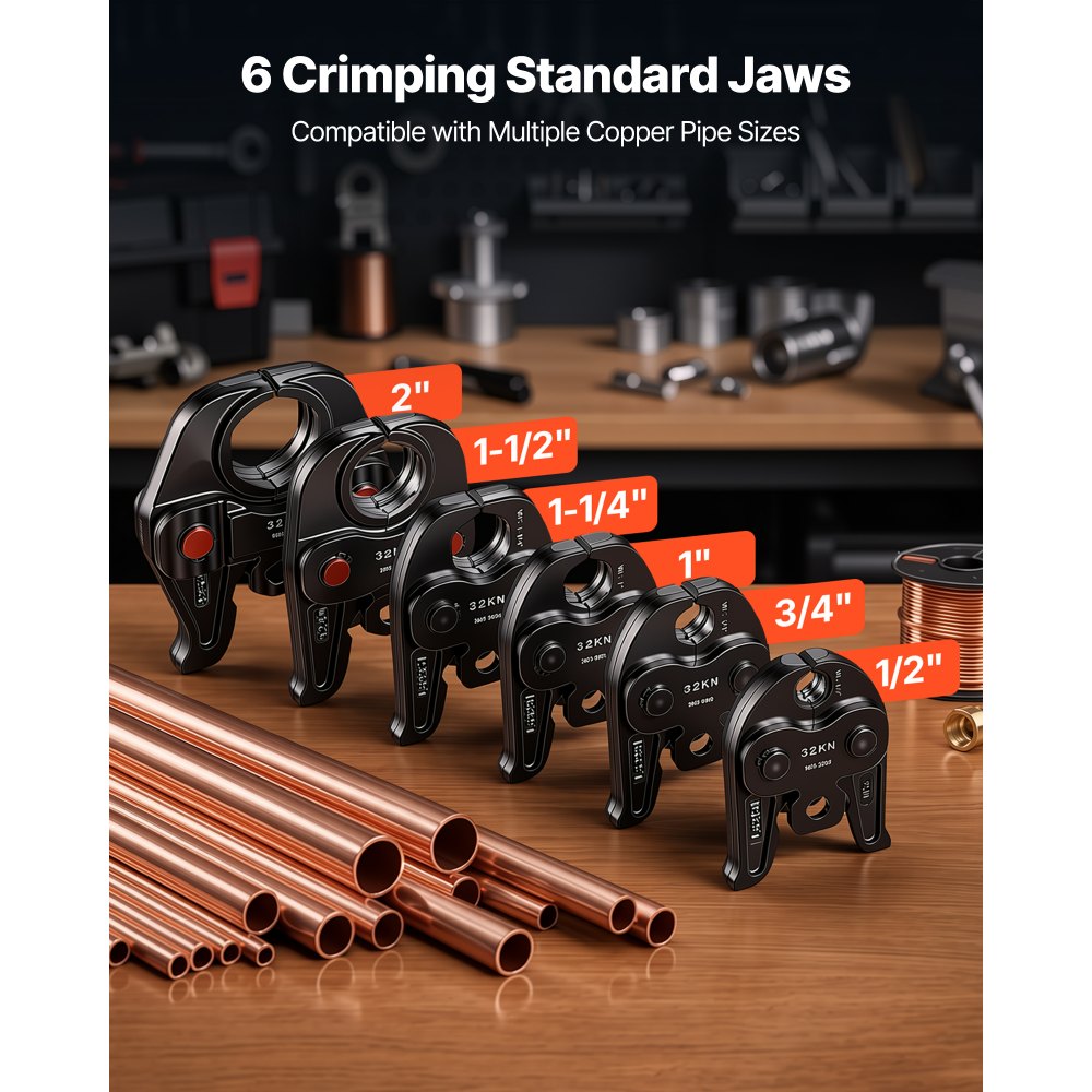 VEVOR Press Tool, 18V Electric Pipe Crimping Tool for 1/2”, 3/4”, 1”, 1 1/4", 1 1/2", 2" Copper Pipes, 32KN Press Tool Kit Compatible with ProPress - with Brushless Motor, 6 VUS Jaws, 2pcs 4AH Battery