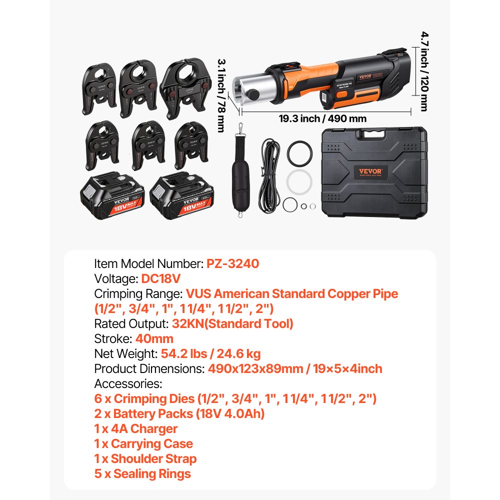 VEVOR Press Tool, 18V Electric Pipe Crimping Tool for 1/2”, 3/4”, 1”, 1 1/4", 1 1/2", 2" Copper Pipes, 32KN Press Tool Kit Compatible with ProPress - with Brushless Motor, 6 VUS Jaws, 2pcs 4AH Battery