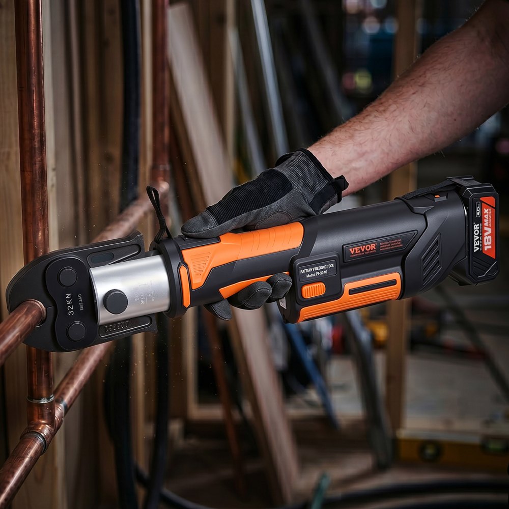 VEVOR Press Tool, 18V Electric Pipe Crimping Tool for 1/2”, 3/4”, 1”, 1 1/4", 1 1/2", 2" Copper Pipes, 32KN Press Tool Kit Compatible with ProPress - with Brushless Motor, 6 VUS Jaws, 2pcs 4AH Battery