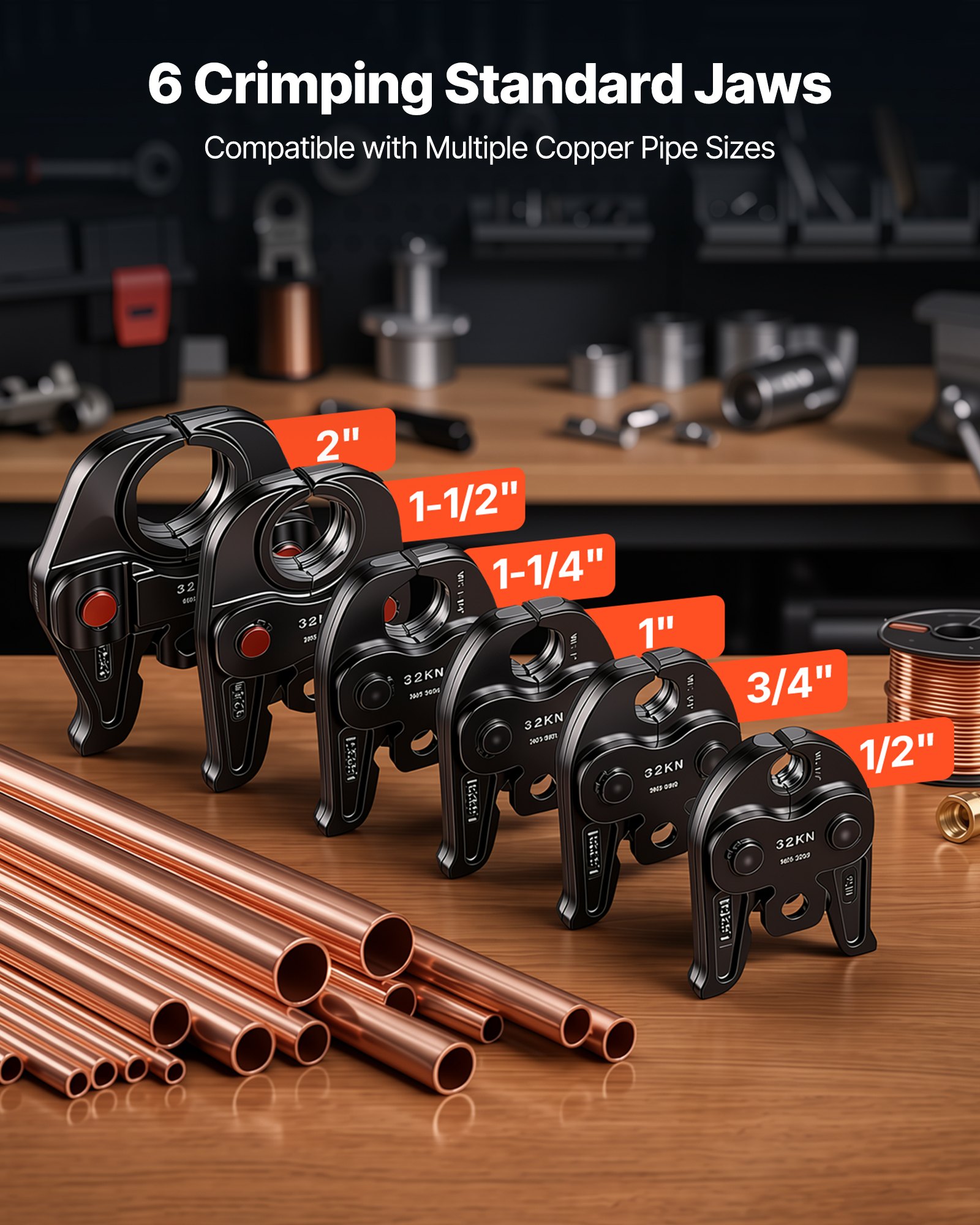 VEVOR Press Tool, 18V Electric Pipe Crimping Tool for 1/2”, 3/4”, 1”, 1 1/4", 1 1/2", 2" Copper Pipes, 32KN Press Tool Kit Compatible with ProPress - with Brushless Motor, 6 VUS Jaws, 2pcs 4AH Battery