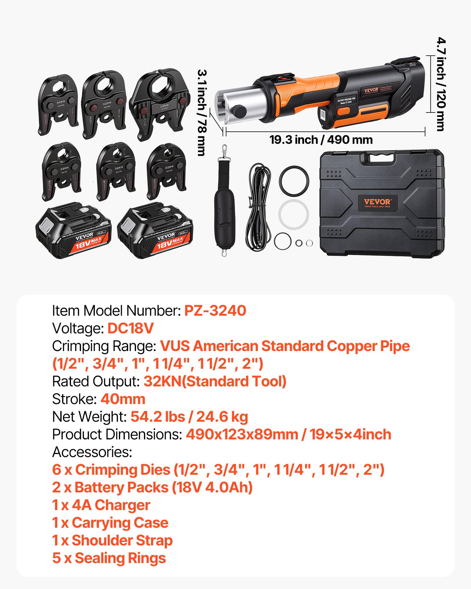 VEVOR Press Tool, 18V Electric Pipe Crimping Tool for 1/2”, 3/4”, 1”, 1 1/4", 1 1/2", 2" Copper Pipes, 32KN Press Tool Kit Compatible with ProPress - with Brushless Motor, 6 VUS Jaws, 2pcs 4AH Battery
