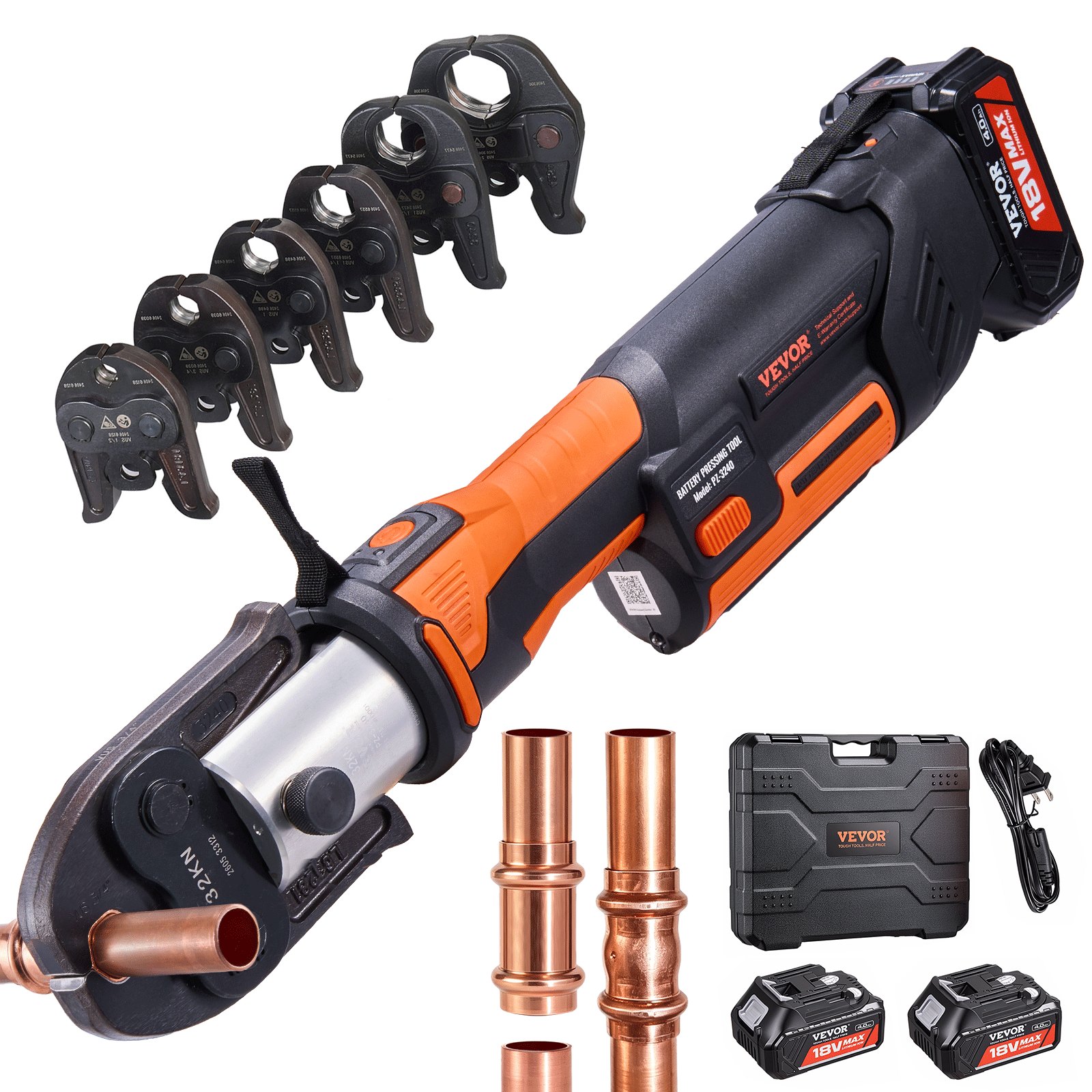VEVOR Press Tool, 18V Electric Pipe Crimping Tool for 1/2”, 3/4”, 1”, 1 1/4", 1 1/2", 2" Copper Pipes, 32KN Press Tool Kit Compatible with ProPress - with Brushless Motor, 6 VUS Jaws, 2pcs 4AH Battery