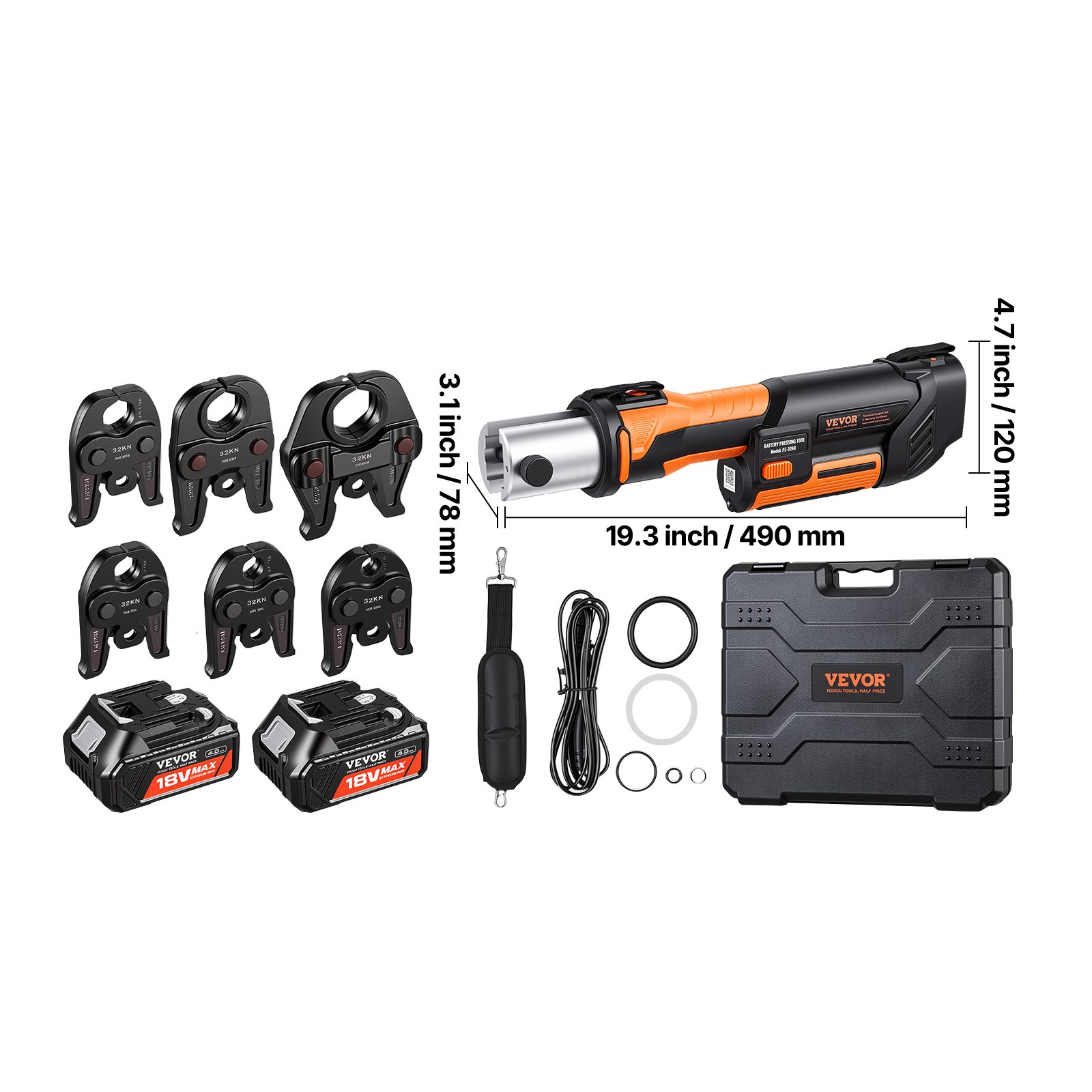 VEVOR Press Tool, 18V Electric Pipe Crimping Tool for 1/2”, 3/4”, 1”, 1 1/4", 1 1/2", 2" Copper Pipes, 32KN Press Tool Kit Compatible with ProPress - with Brushless Motor, 6 VUS Jaws, 2pcs 4AH Battery