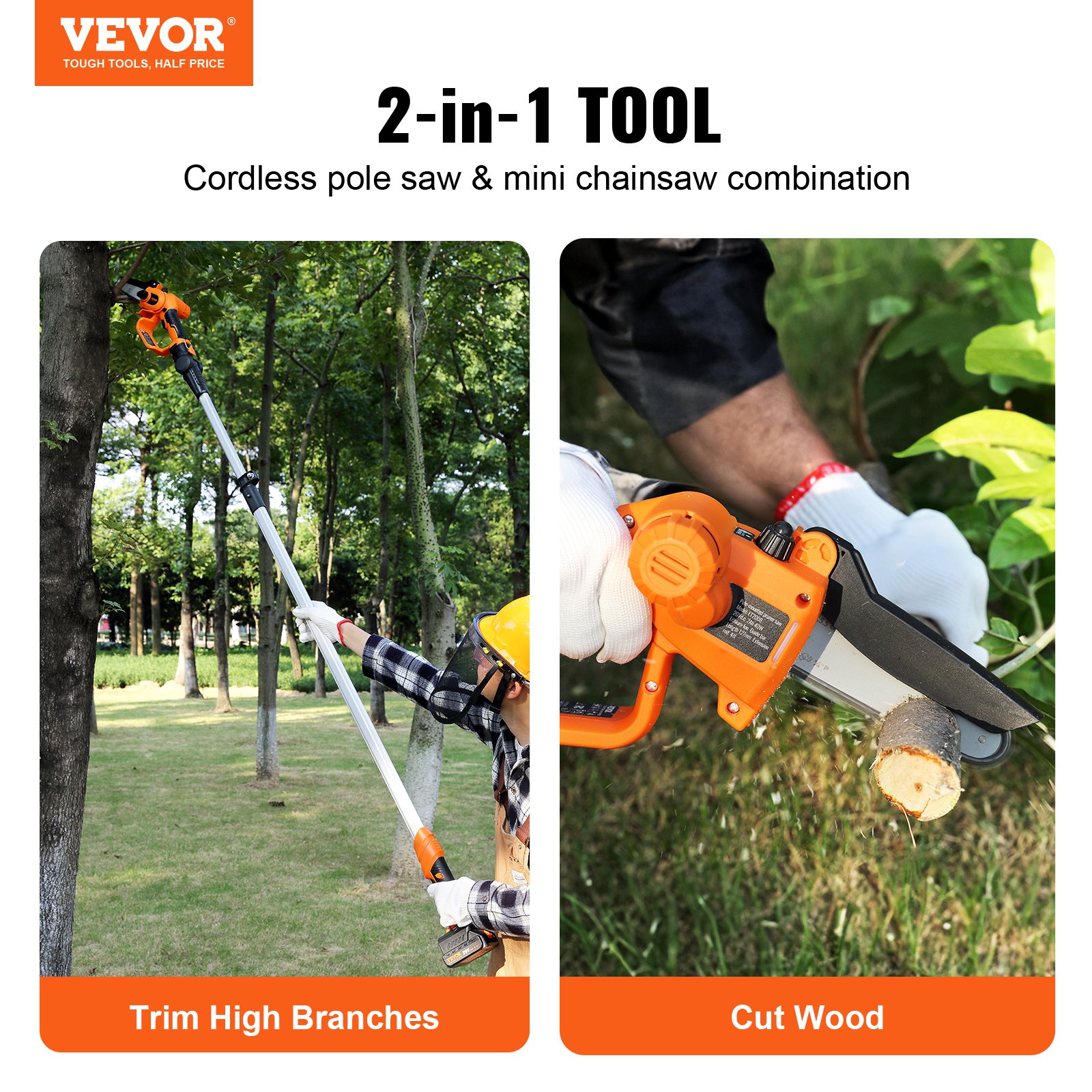 VEVOR 2-in-1 Cordless Pole Saw & Mini Chainsaw, 20V 2Ah Battery Pole Chainsaw, 12.7cm Cutting Capacity 243.8 cm Reach Pole Saw for Branch Cutting & Tree Trimming (Battery and Blade Cover Included)