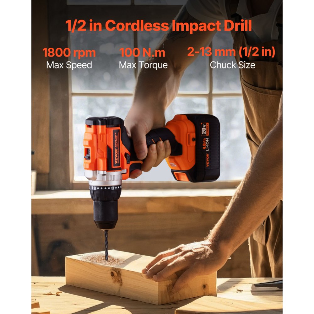 VEVOR Tool Combo Kit, 20V Max Cordless 2-Tool Combo Kit, with 1/2 in Impact Drill, 1/4 in Impact Driver, Compact Cordless Power Tool Combo Kit with 4.0 Ah Batteries, Screws, Charger, and Cloth Bag