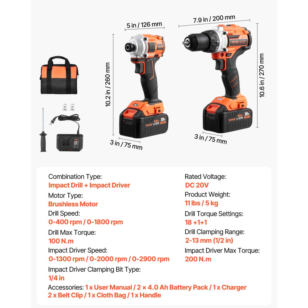 VEVOR Tool Combo Kit, 20V Max Cordless 2-Tool Combo Kit, with 1/2 in Impact Drill, 1/4 in Impact Driver, Compact Cordless Power Tool Combo Kit with 4.0 Ah Batteries, Screws, Charger, and Cloth Bag