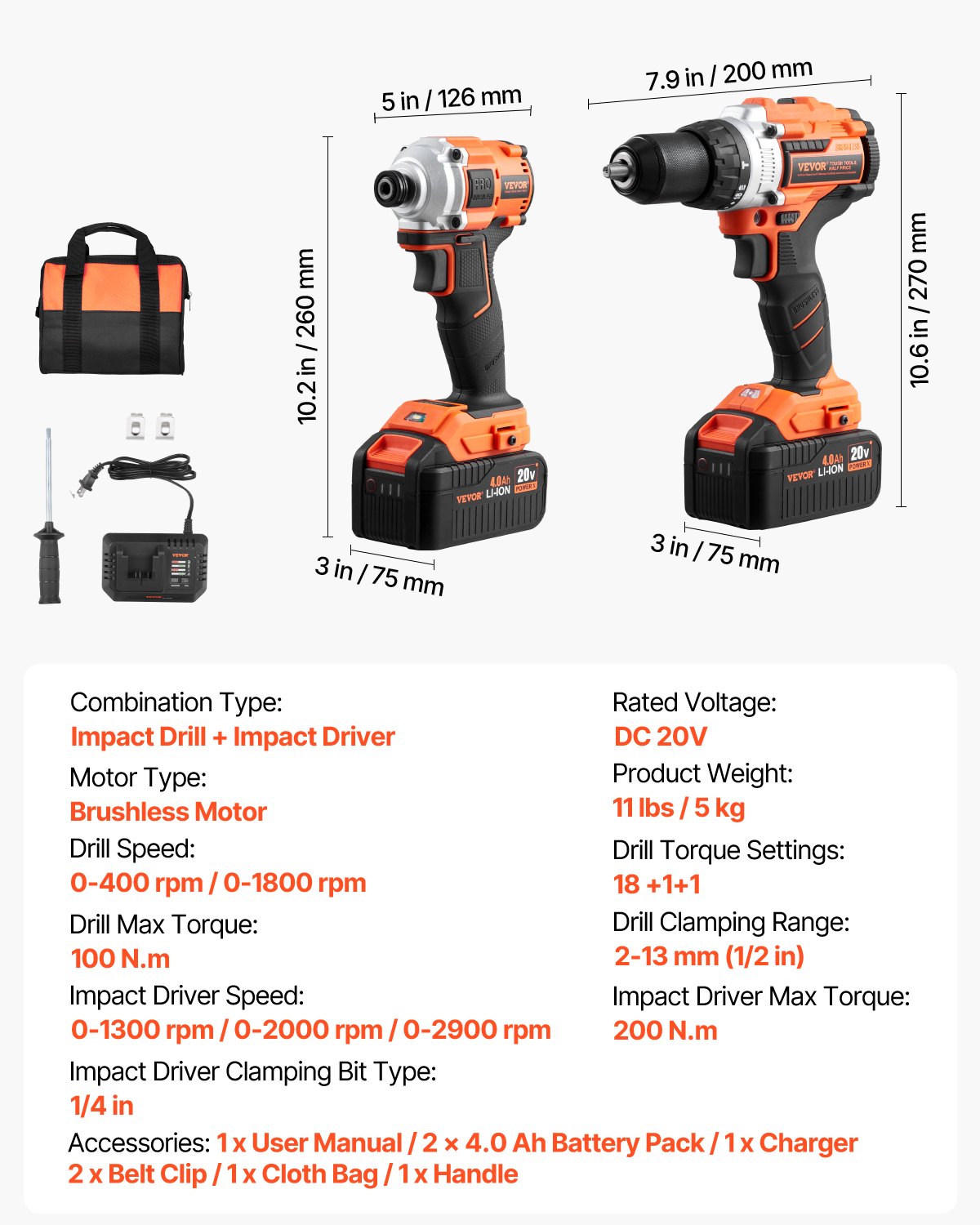 VEVOR Tool Combo Kit, 20V Max Cordless 2-Tool Combo Kit, with 1/2 in Impact Drill, 1/4 in Impact Driver, Compact Cordless Power Tool Combo Kit with 4.0 Ah Batteries, Screws, Charger, and Cloth Bag