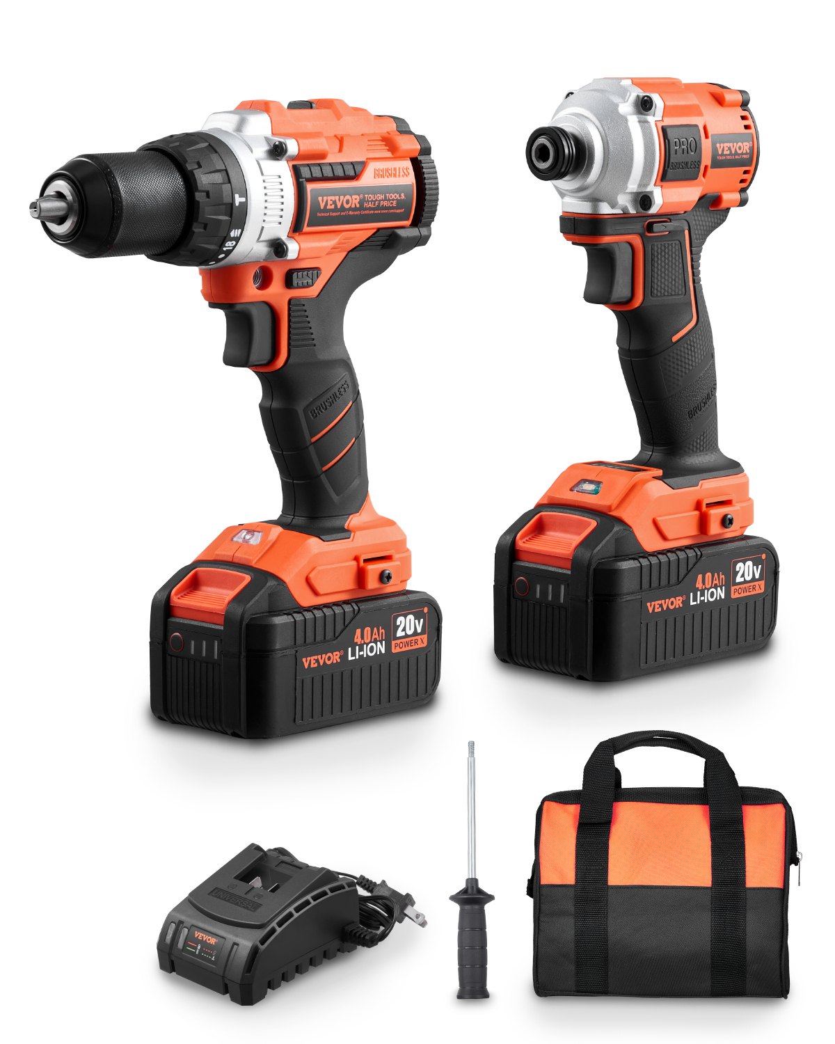 VEVOR Tool Combo Kit, 20V Max Cordless 2-Tool Combo Kit, with 1/2 in Impact Drill, 1/4 in Impact Driver, Compact Cordless Power Tool Combo Kit with 4.0 Ah Batteries, Screws, Charger, and Cloth Bag