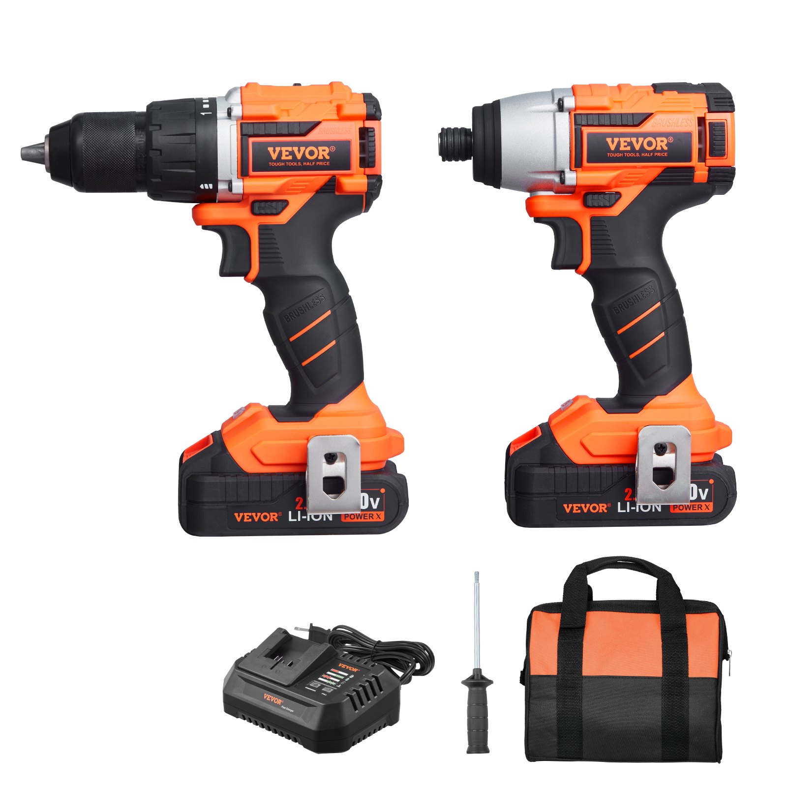 VEVOR Tool Combo Kit, 20V Max Cordless 2-Tool Combo Kit, with 1/2 in Impact Drill, 1/4 in Impact Driver, Compact Cordless Power Tool Combo Kit with 4.0 Ah Batteries, Screws, Charger, and Cloth Bag