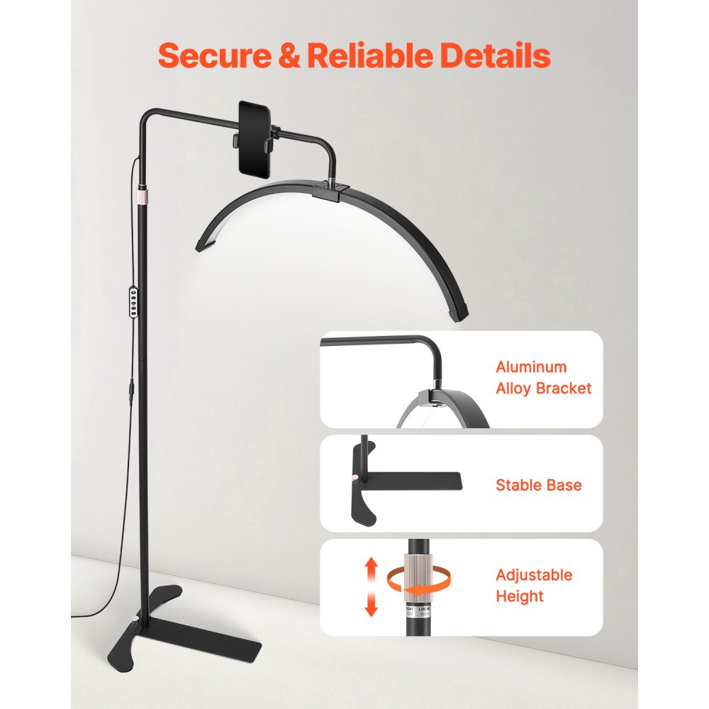 VEVOR Half Moon Light para esteticistas, luminária de chão LED regulável de 26 polegadas para extensões de cílios, luminária para cílios arqueados com suporte para celular, controle remoto, para beleza, cuidados com a pele, sobrancelhas, tatuagem