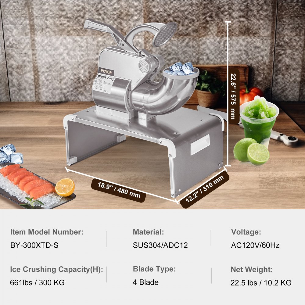 VEVOR 110V Commercial Snow Cone Machine, 500LB/H Commercial Snow Cone Maker, Electric Shaved Ice Machine w/Dual Blades, Stainless Steel Ice Crusher Shaver w/ 20Qt Ice Basin, 250W Snowball Machine 1420RPM