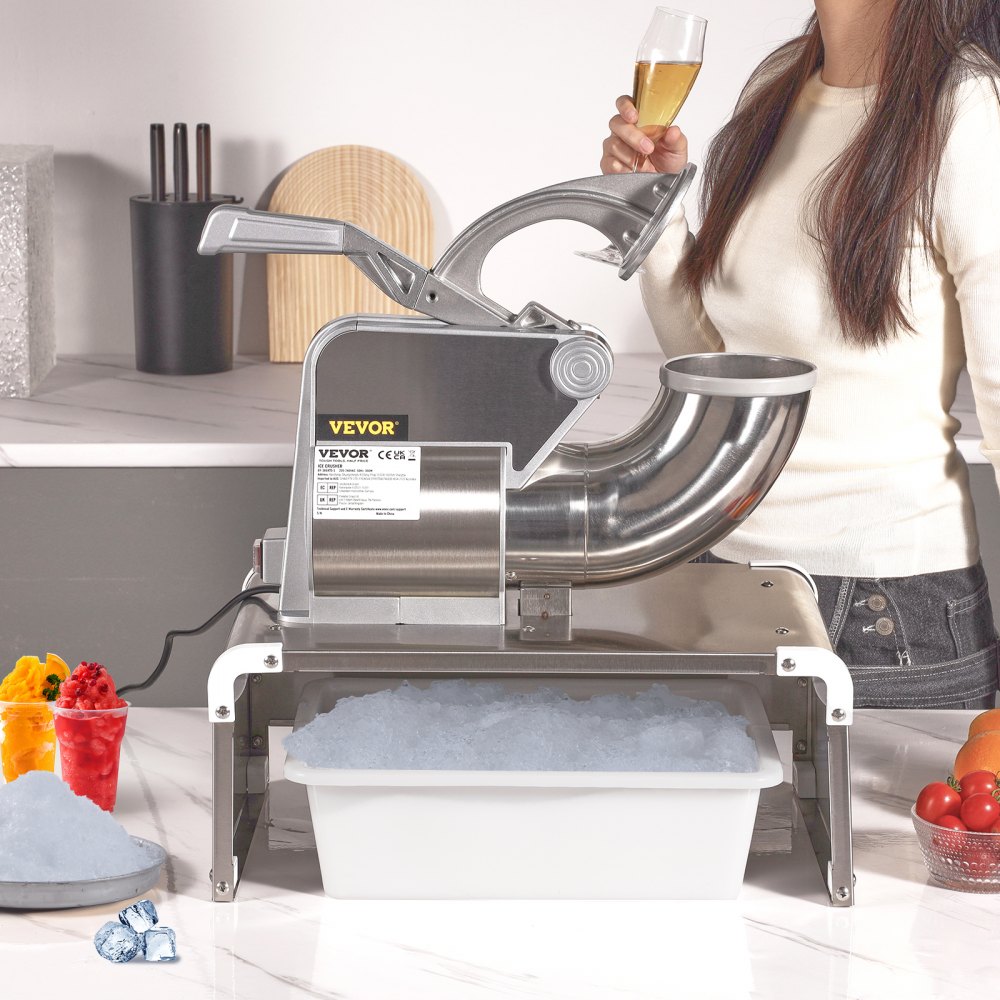 VEVOR 110V Commercial Snow Cone Machine, 500LB/H Commercial Snow Cone Maker, Electric Shaved Ice Machine w/Dual Blades, Stainless Steel Ice Crusher Shaver w/ 20Qt Ice Basin, 250W Snowball Machine 1420RPM