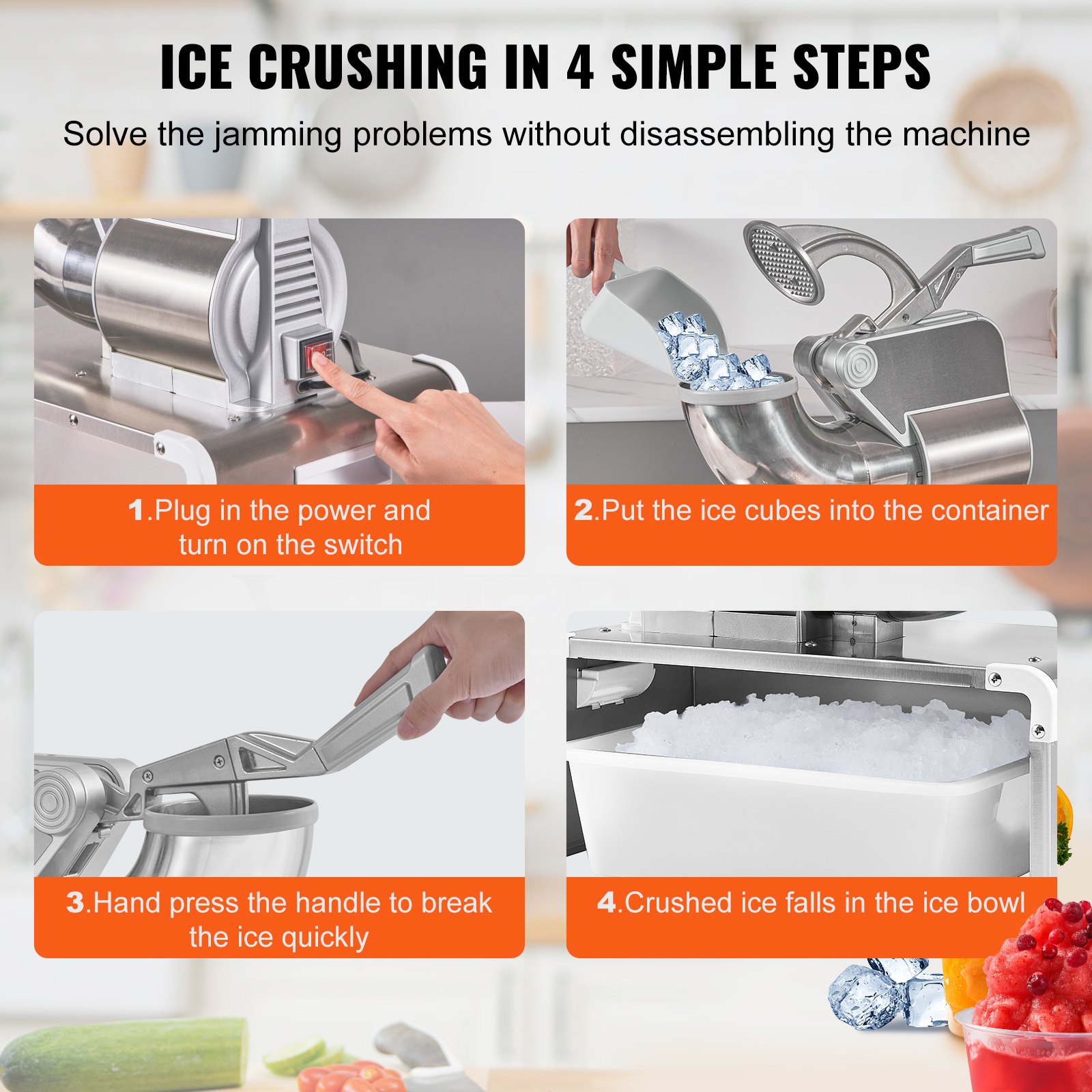 VEVOR 110V Commercial Snow Cone Machine, 500LB/H Commercial Snow Cone Maker, Electric Shaved Ice Machine w/Dual Blades, Stainless Steel Ice Crusher Shaver w/ 20Qt Ice Basin, 250W Snowball Machine 1420RPM