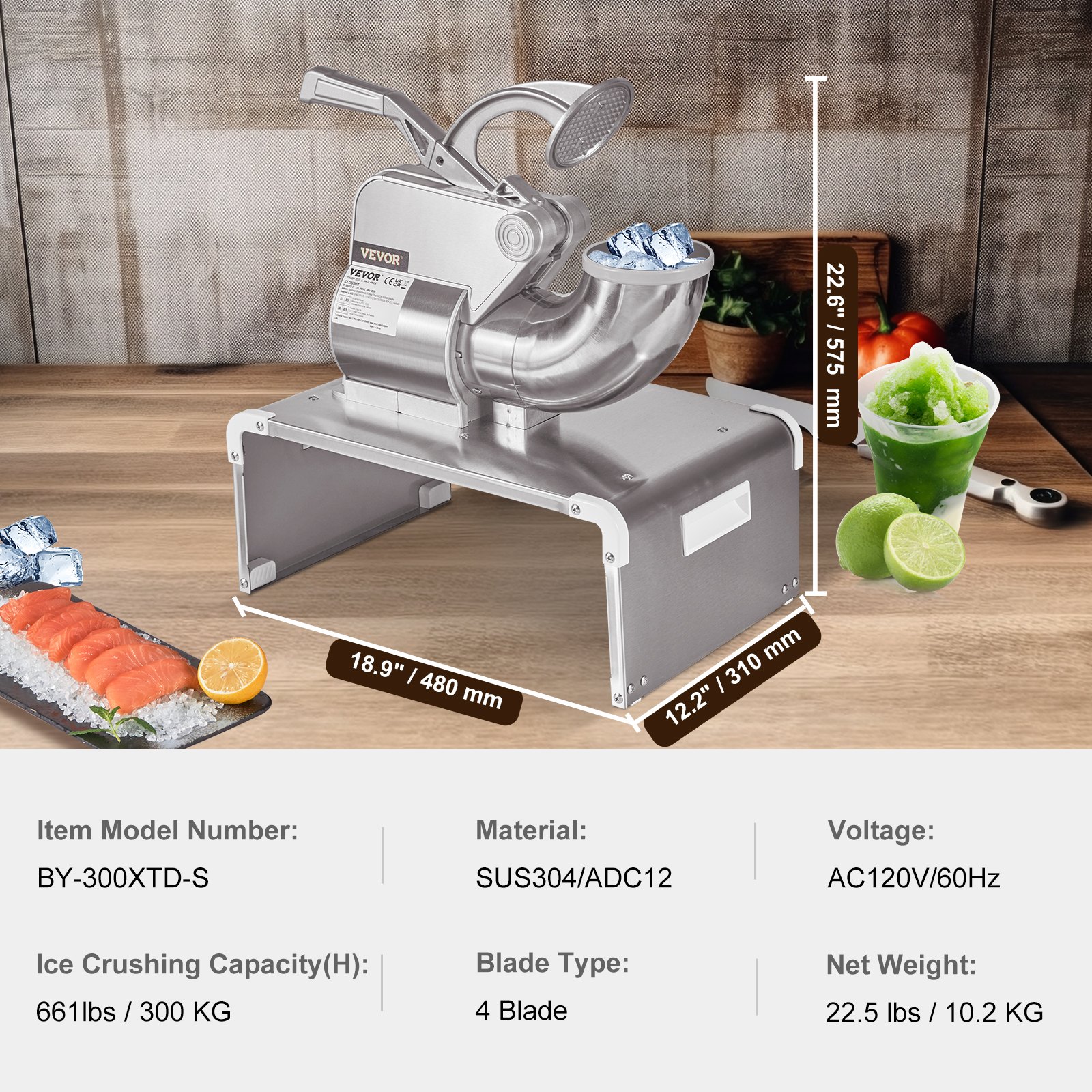 VEVOR 110V Commercial Snow Cone Machine, 500LB/H Commercial Snow Cone Maker, Electric Shaved Ice Machine w/Dual Blades, Stainless Steel Ice Crusher Shaver w/ 20Qt Ice Basin, 250W Snowball Machine 1420RPM