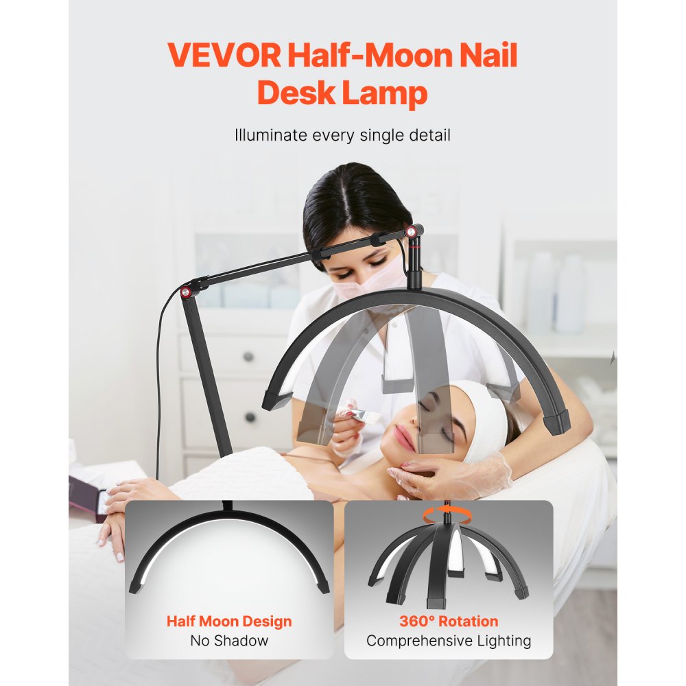 VEVOR Nail Desk Light, 20 W Clip on Half Moon Lash Light with Phone Holder, Adjustable Brightness and Color Temperature, Arched LED Table Lamp for Nail Tech, Tattoo Artists, Beauty, Eyelash Extensions