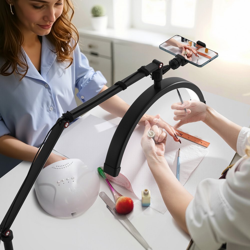 VEVOR Nail Desk Light, 20 W Clip on Half Moon Lash Light with Phone Holder, Adjustable Brightness and Color Temperature, Arched LED Table Lamp for Nail Tech, Tattoo Artists, Beauty, Eyelash Extensions