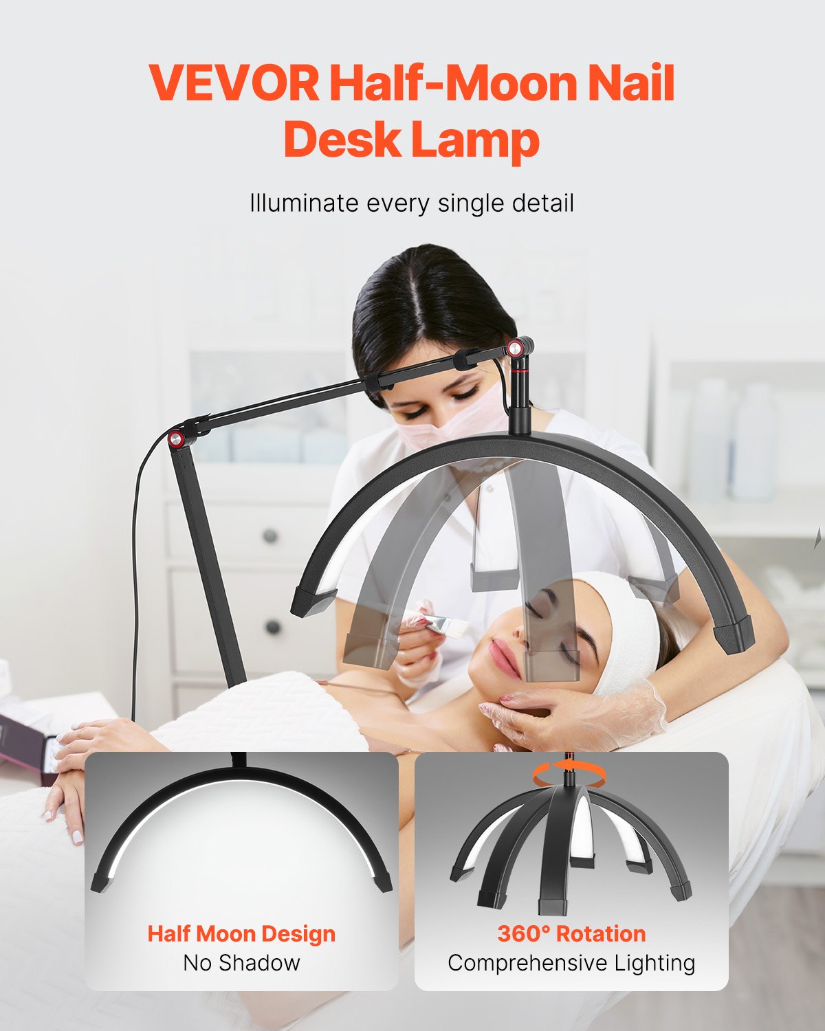 VEVOR Nail Desk Light, 20 W Clip on Half Moon Lash Light with Phone Holder, Adjustable Brightness and Color Temperature, Arched LED Table Lamp for Nail Tech, Tattoo Artists, Beauty, Eyelash Extensions