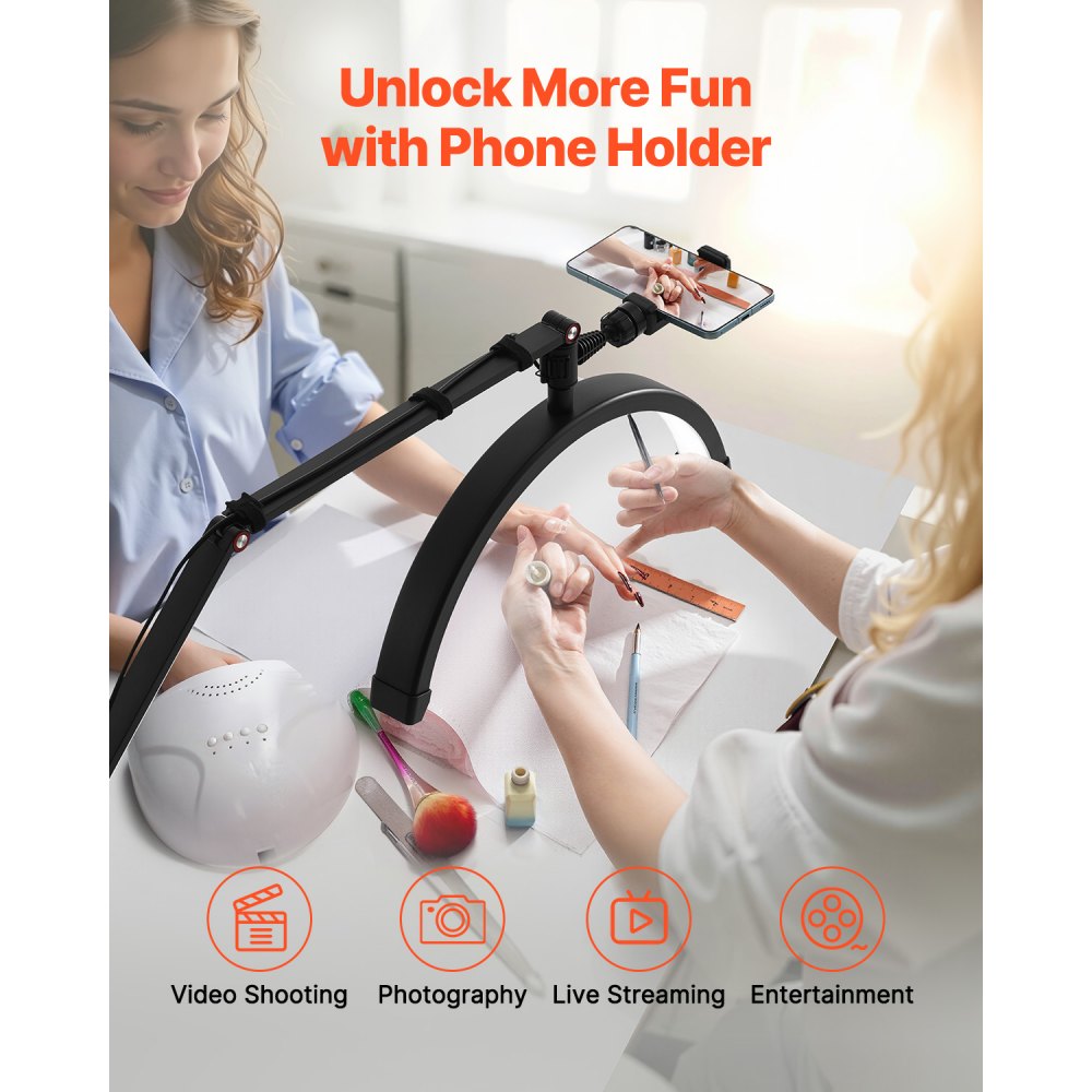 VEVOR Neglelampe til skrivebord, 20 W klipsbar halvmåneformet vippelampe med telefonholder, justerbar lysstyrke og fargetemperatur, buet LED-bordlampe for negleteknikere, tatoveringsartister, skjønnhetsprodukter, øyevippeextensions