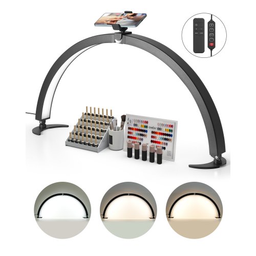 VEVOR Nail Desk Light, 40 W Half Moon Desk Lamp with Phone Holder, Adjustable Brightness and Color Temperature, Arched LED Table Light for Nail Tech, Tattoo Artists, Beauty, Eyelash Extensions