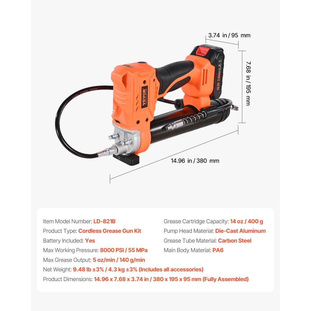 VEVOR Cordless Grease Gun, 8000 PSI Max Pressure, 20V Electric Grease Gun with 2.0 Ah Battery & LED Light, 35.4-inch Long Hose & Carrying Case, Variable Speed Triggers, Vehicles or Machines Greasing