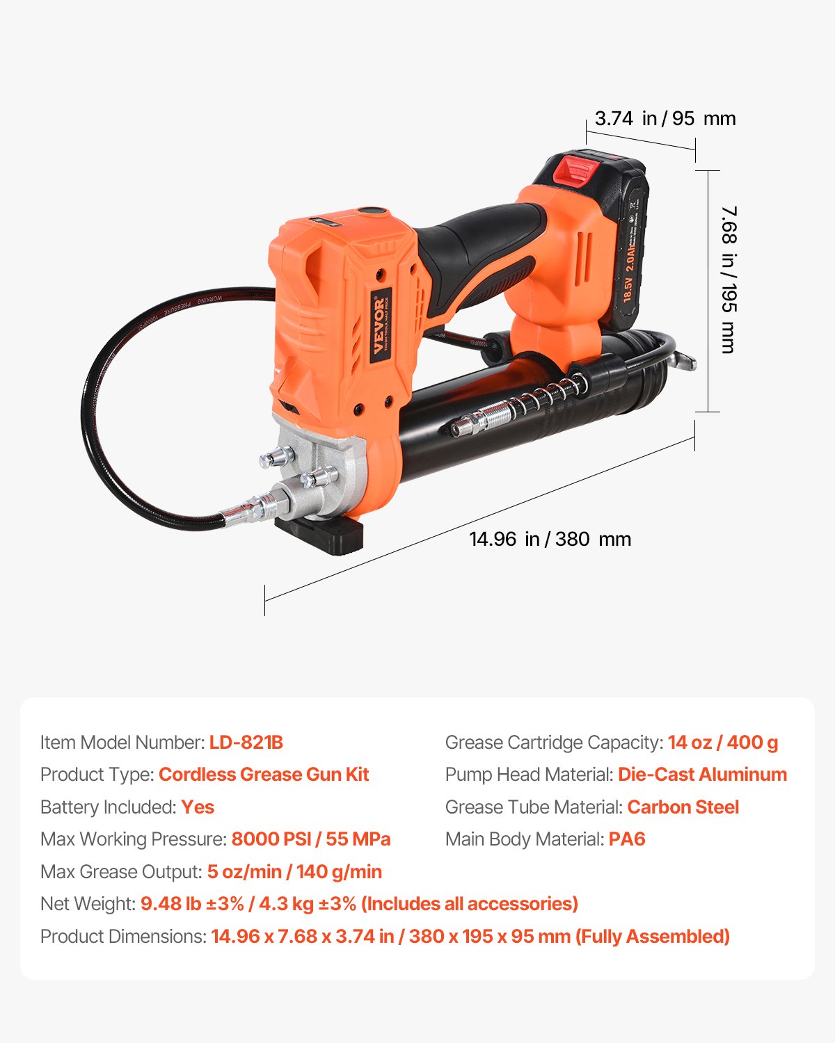 VEVOR Cordless Grease Gun, 8000 PSI Max Pressure, 20V Electric Grease Gun with 2.0 Ah Battery & LED Light, 35.4-inch Long Hose & Carrying Case, Variable Speed Triggers, Vehicles or Machines Greasing