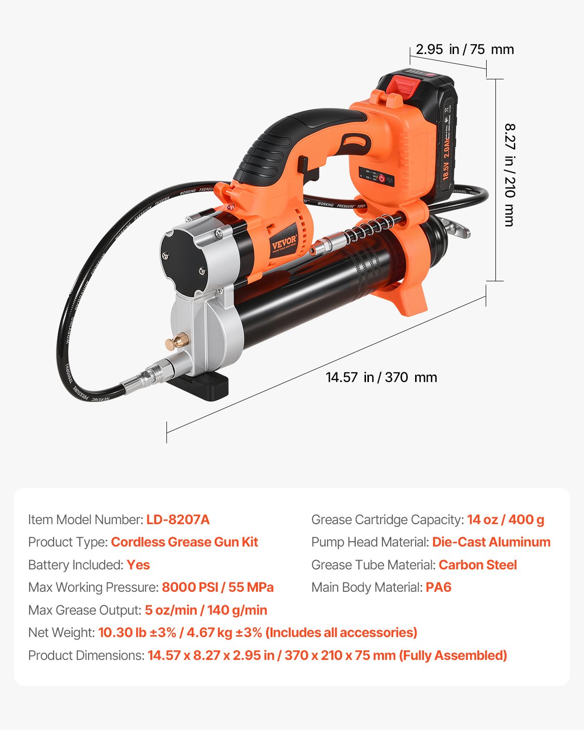 VEVOR Cordless Grease Gun, 8000 PSI Max Pressure, 20V Electric Grease Gun with 2.0 Ah Battery & LED Light, 30-inch Long Hose & Carrying Case, Variable Speed Triggers, Vehicles or Machines Greasing