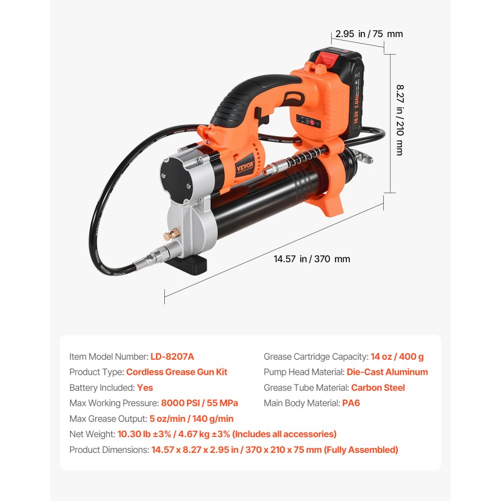 VEVOR Cordless Grease Gun, 8000 PSI Max Pressure, 20V Electric Grease Gun with 2.0 Ah Battery & LED Light, 30-inch Long Hose & Carrying Case, Variable Speed Triggers, Vehicles or Machines Greasing