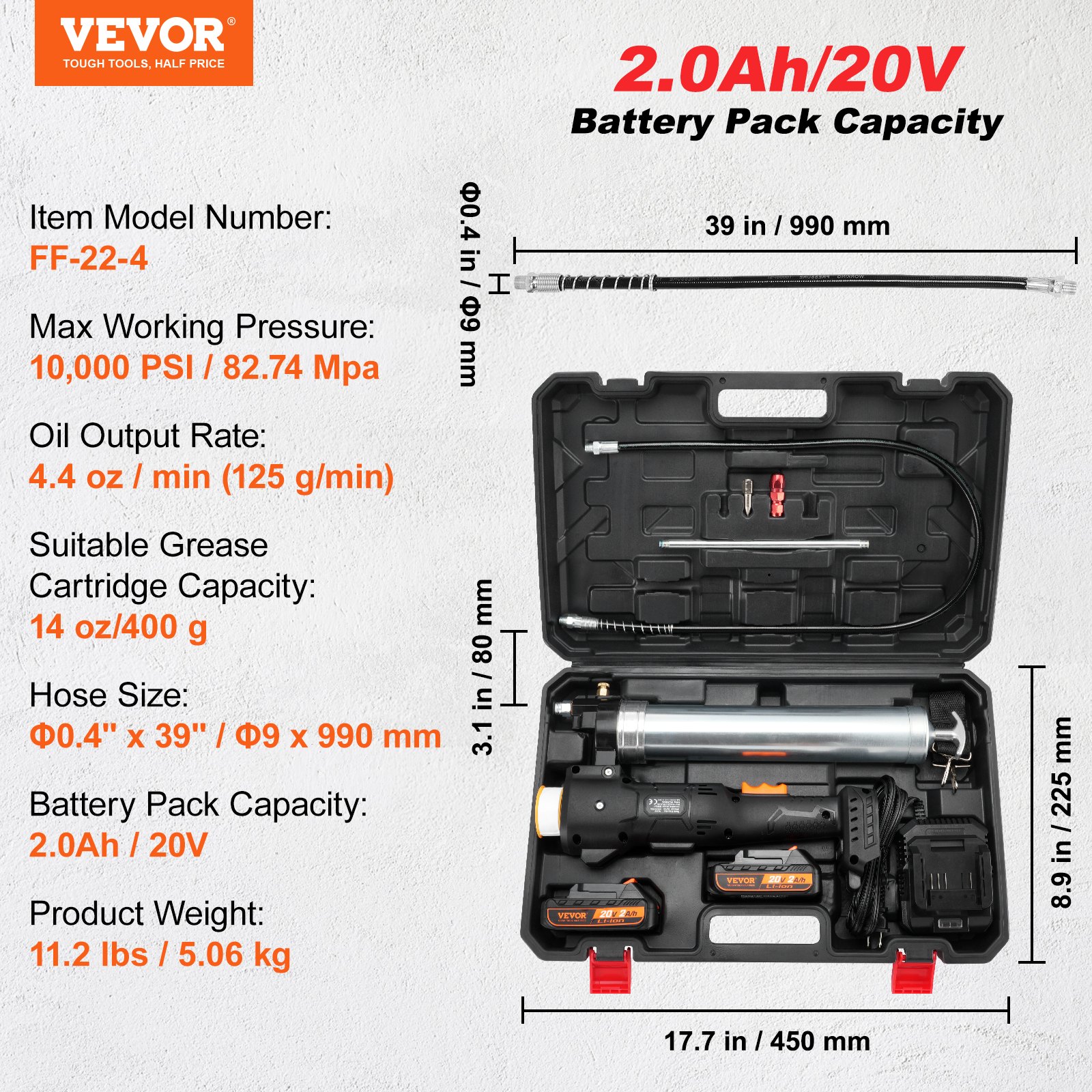 VEVOR Cordless Grease Gun, 82.74Mpa, 990 mm Long Hose, Electric Grease Gun Kit Professional High Pressure Battery Powered Grease Gun with Carrying Case, Battery and Charger Included, Black