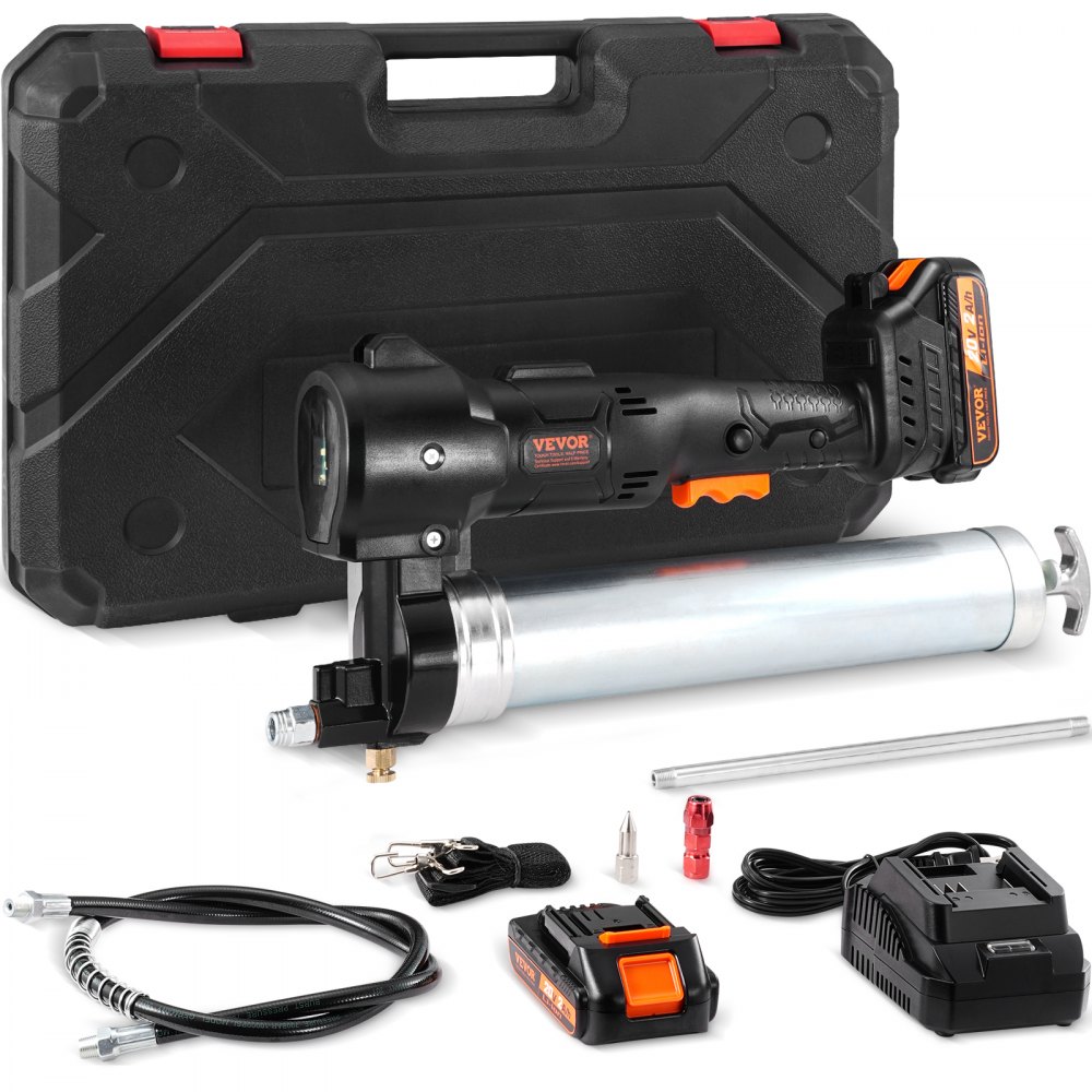 VEVOR cordless grease gun with carry case, battery, charger, and accessories.