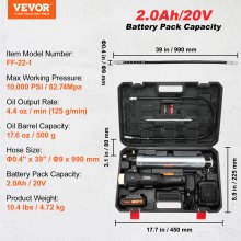 VEVOR Cordless Grease Gun, 20-Volt, 10,000 PSI, 39" Long Hose, Electric Grease Gun Kit Professional High Pressure Battery Powered Grease Gun with Carrying Case, Battery and Charger Included, Black