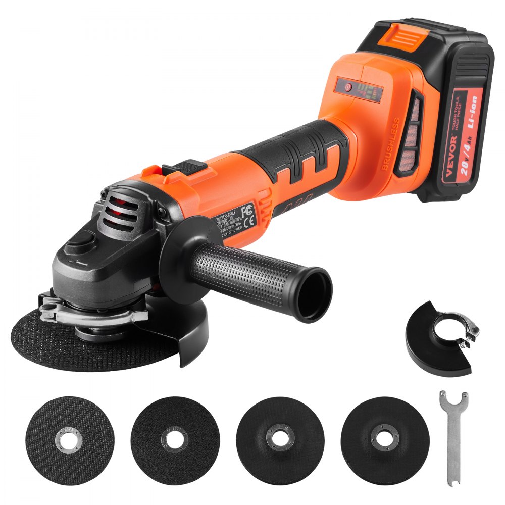 VEVOR Cordless Angle Grinder Kit, 4-1/2'' 9000rpm Brushless Motor, 3 Variable Speed, Electric Grinder Power Tools with 20V 4.0Ah Battery & Fast Charger For Cutting, Polishing, Rust Removal