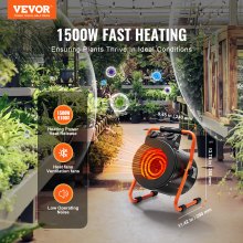 VEVOR Greenhouse Heater with Thermostat, 1500W Fast Heating with Overheat Protection, 2-Speed Setting Small Grow Tent Heater, Electric Portable Heater Fan for Green House, Flower Room, Workplace