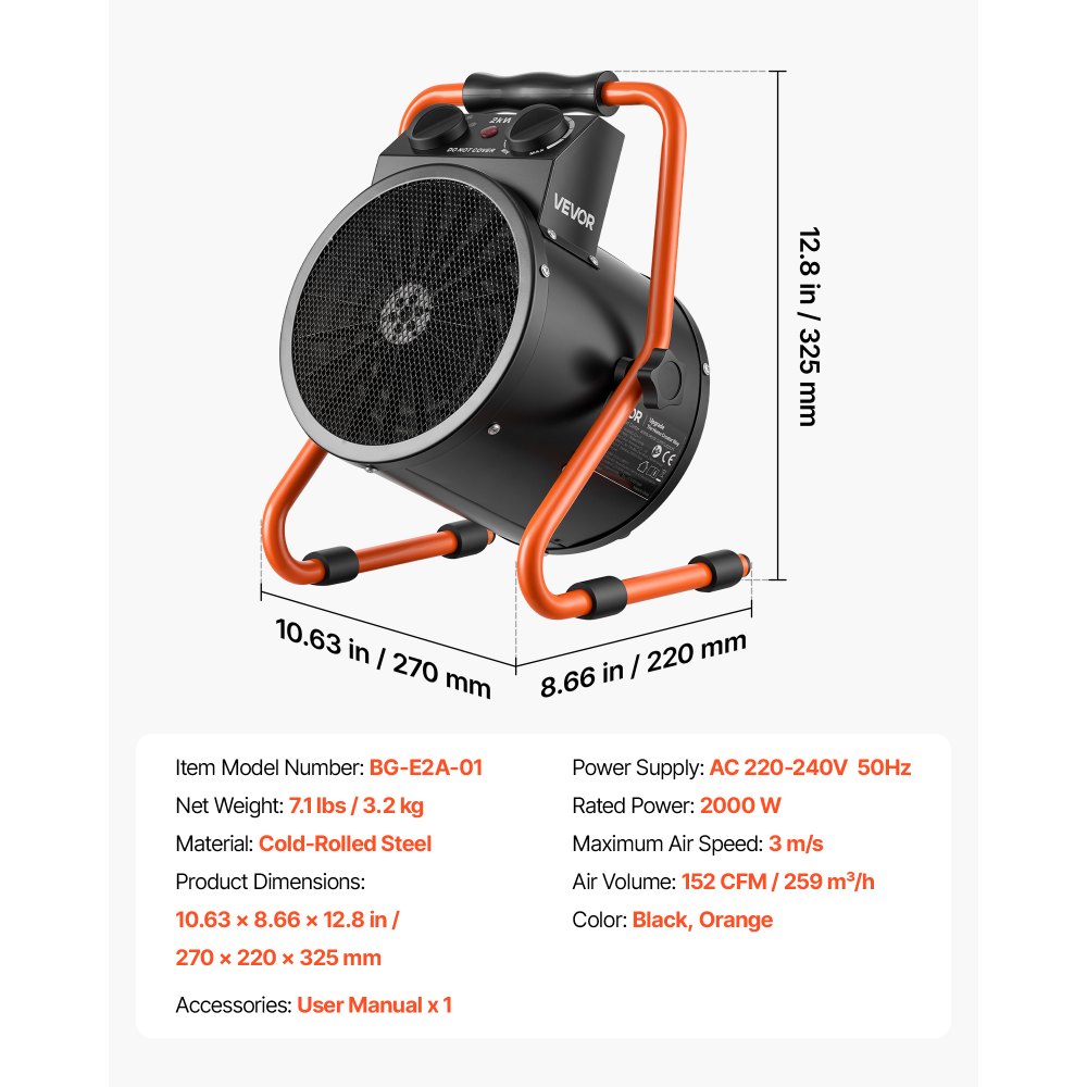VEVOR Greenhouse Heater, 2000W Electric Space Heater with Fan & High Heat Modes, IPX4 Protection, 25° Adjustable Angle, Overheat Protection, for Grow Tent, Small Greenhouse, Flower Room, Home Office