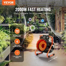 VEVOR Greenhouse Heater, 1500W Fast Heating with Overheat Protection, 2-Speed Setting Small Grow Tent Heater, Electric Portable Heater Fan for Green House, Flower Room, Workplace, IP24 Waterproof