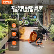 VEVOR Greenhouse Heater, 1500W PTC Fast Heating with Overheat Protection, 3-Speed Setting Small Grow Tent Heater, Electric Portable Heater Fan for Green House, Flower Room, Workplace