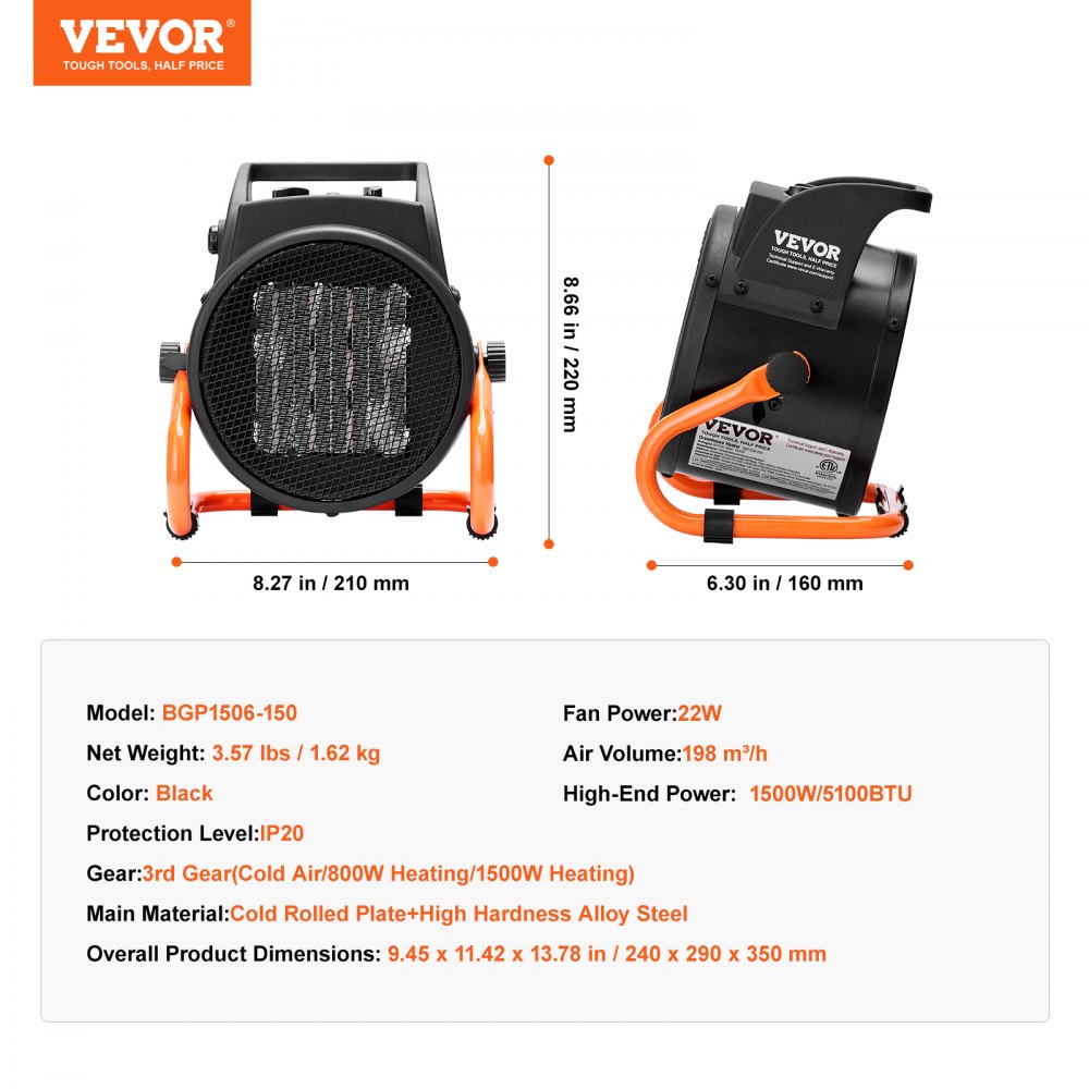 VEVOR Greenhouse Heater, 2000W PTC Fast Heating with Overheat Protection, 3-Speed Setting Small Grow Tent Heater, Electric Portable Heater Fan for Green House, Flower Room, Workplace